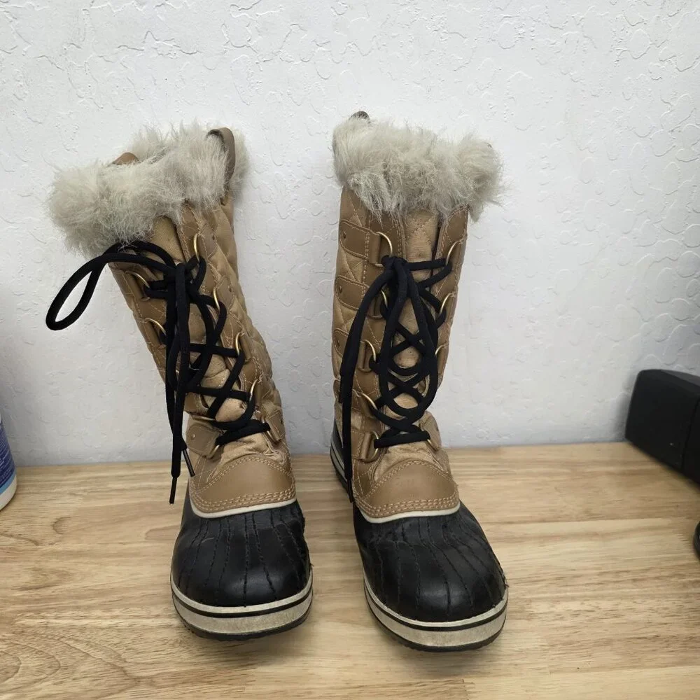 Sorel Tofino Winter Faux Fur Tall Tan Black Snow Boots NL1937-374 Wmn Size 9.5